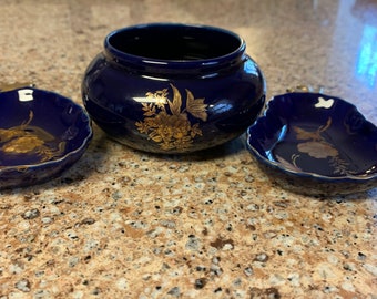 Cobalt Blue and Gold Gilt Bowl with Two Side Dishes  --  3 Piece Set