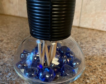 Glass Fragrance Diffuser with 6 Reeds and Blue Glass Round  "Stones"   —  Fragrance is NOT included.