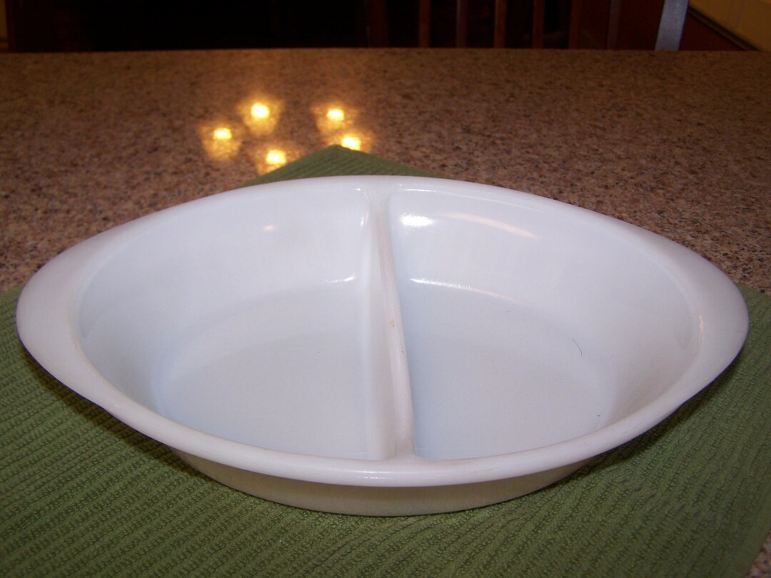Glassbake Divided Baking Dish White With Green Flower Motif Etsy