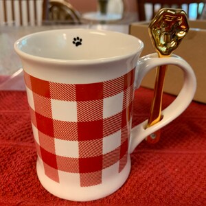 Red Checkered Ceramic Mug with a Goldtone Spoon Like a Dog’s Paw