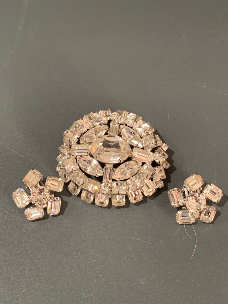 Joseph Warner Mid-Century Rhinestone Brooch with Matching Clip In Earrings