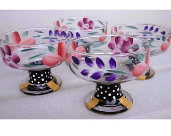 Whimsical Set of 4 Hand Painted Flowers Glass Dessert, Compote, Ice Cream Bowls