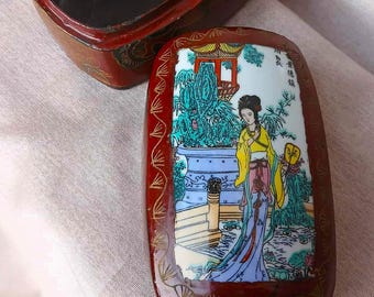 Antique Chinese Porcelain Inlaid Lacquered Wooden Trinket Box