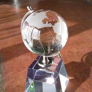 Etched Crystal Spinning Terrestrial Globe in Semi Meridian Holder/Crystal Base