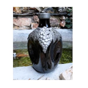 Vintage Dark Olive Green glass carafe/vase Encased with a pewter sculpted grapevine