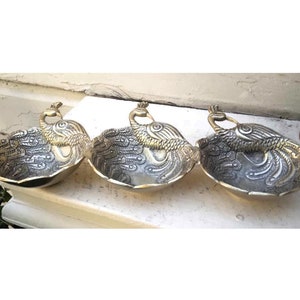 Vintage Brass Metal 3 Section Carved Embossed Peacocks Trinket Dish