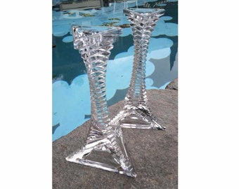 2 (a pair of) Vintage 9" Lead Crystal Glass Stacked Triangular Taper Candlestick Holders