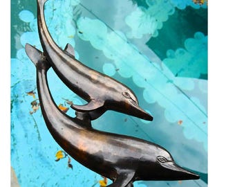 Sculpted MCM Vintage Bronze Swimming Dolphins Statue
