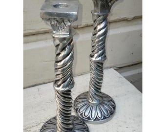 Vintage Pair of Tall Pewter Silver Sculpted Twisted Taper Candlestick Holders