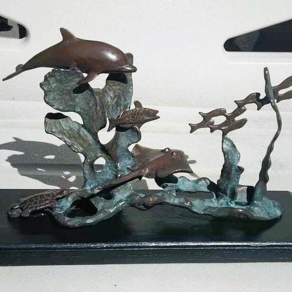 SPI San Pacific Int'l Bronze Dolphin, Turtle, Sting Ray, Fish & Coral Sculpture
