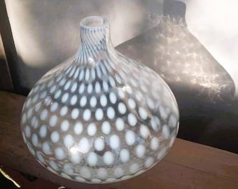 Hand Blown Art Glass White Opaline Swirl Spotted Tear Drop Vase