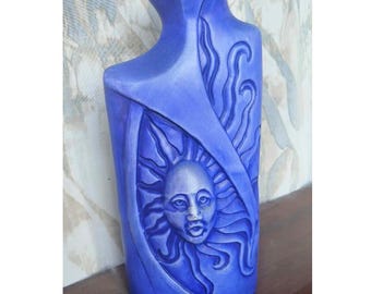 Sun Face and Sea Life Blue Hand Painted Terra Cotta Art Vase by Evolucion'