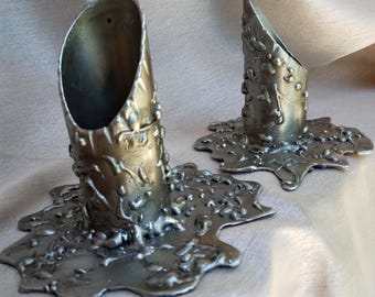 2 MCM Brutalist Stainless Steel Metal Contemporary Candle Holders by Robin Jarrett
