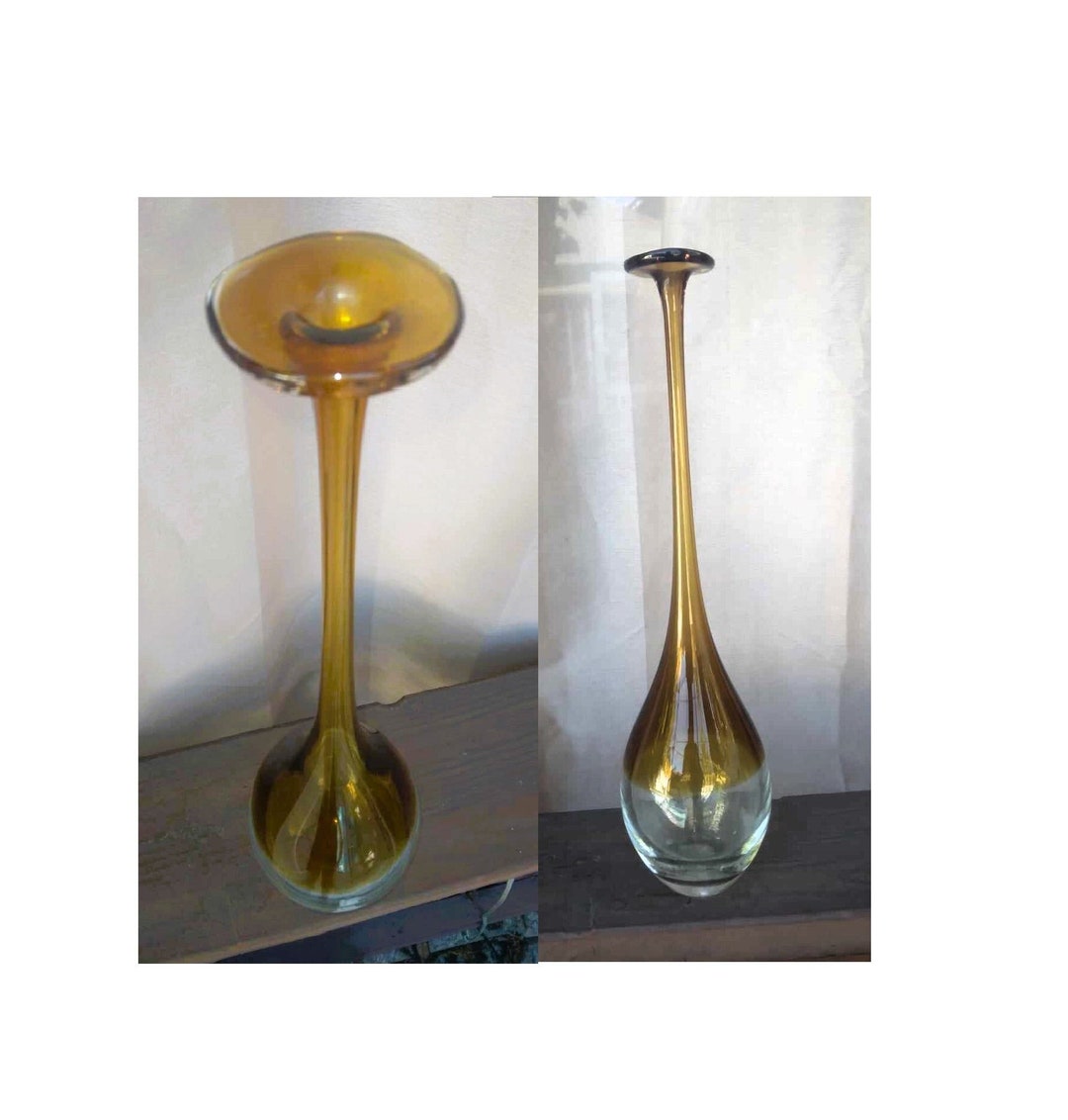 DIJON Amber to Clear Art Glass Long Thin Neck Vase With