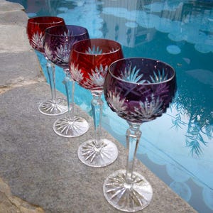 Ajka Caroline Crystal Wine Goblets: Ruby & Amethyst Cut to Clear, Set of 4