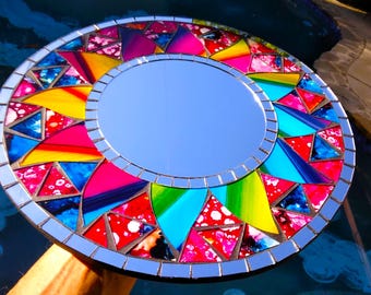 Inlaid Multi Colored Stained Glass Mosaic Handmade Round Wall Mirror