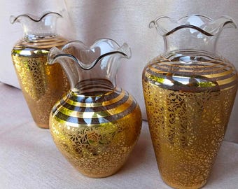 3 Set MCM Vintage Ransgil Crystal Gold Gilded Overlay Floral Ruffle Topped Vases