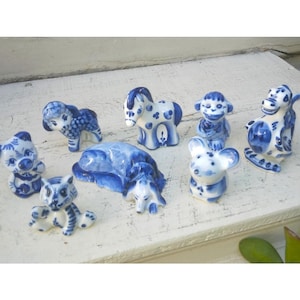8 Adorable Gzhel & Russian Vintage Hand Painted Animal Porcelain Figurines