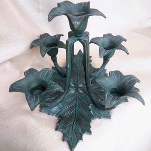 Vintage Sculpted Bronze Verdigris Patina Flower and Leaf 5 Cup Candelabra