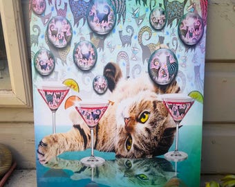 FUN Cosmo Cocktails Cats Giclee Canvas Wrap Original Art Print