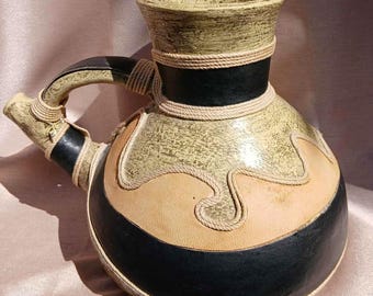 Handmade Chilean Leather and Rattan Wrapped Ceramic Art Pottery Jug