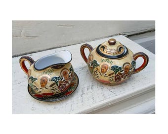 Vintage Japanese Satsuma Moriage Tea & Sugar Set: Gold Gilded Hand Painted Porcelain