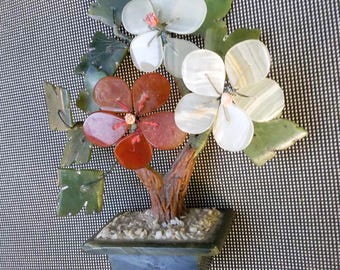 Vintage Handmade Carved Jade/Hardstone Miniature Chinese Flower Bonsai Tree