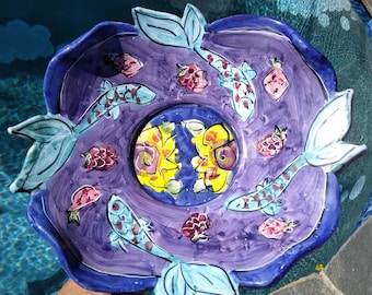 Whimsical Hand Painted Swimming Fish Ceramic Pedestal Dish by Kate & Ryan