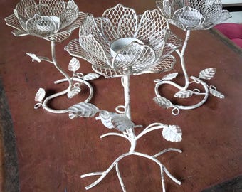 Set of 3 Weathered Rustic Cottage Shabby Chic Metal Flower Votive Candle Holders