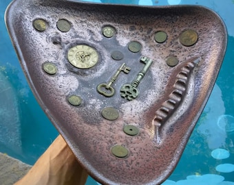 Vintage MCM Hayden Lewis Steampunky Coins & Keys Large Ashtray/Catchall dish