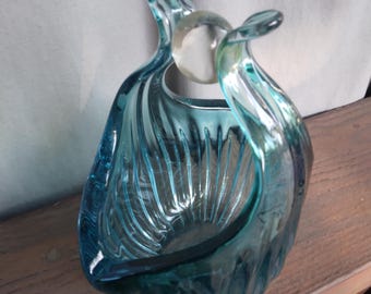 Hand Blown Aqua Blue Glass Basket: Ribbed Ball Top Handle