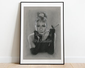 Audrey Hepburn Original Charcoal Dibujo en Papel Tonizado