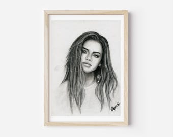 Impresión artística al carboncillo de Selena Gomez / Dibujo de retrato de celebridad / Impresión de bellas artes / Arte mural de música y cine / Regalo para fans