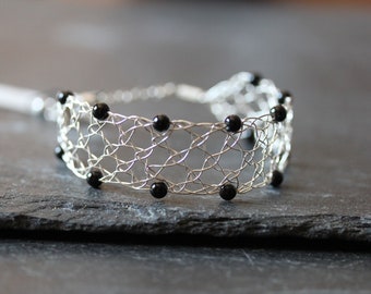 Bracelet argent 925/1000 - bijou fin dentelle fils d'argent et perles d'onyx perles de gemmes naturelles