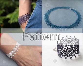 Jewelry tatting patterns, tutorial 2 bracelets & 1 necklace tatted lace, shuttle tatting or needle tatting DIY - tatted pattern frivolite