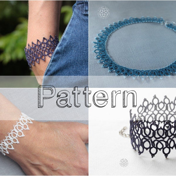 Jewelry tatting patterns, tutorial 2 bracelets & 1 necklace tatted lace, shuttle tatting or needle tatting DIY - tatted pattern frivolite