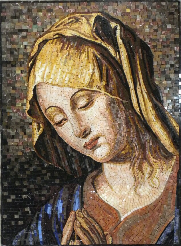聖母マリアの大理石モザイクアート：宗教的な肖像画の壁装飾（24インチ