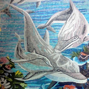 Glass Mosaic - Dolphins Playing in the Sea