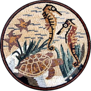 May include: A round mosaic tile featuring a sea turtle, two seahorses, and seaweed. The mosaic is made of small, colorful tiles and is set in a circular frame.