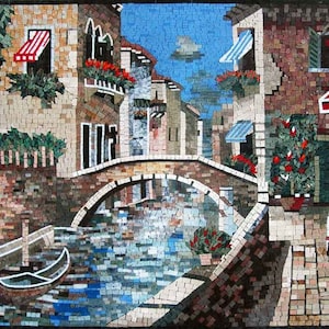 Venice Italy Marble Mosaic Art: Romantic Canal Scene Wall Decor