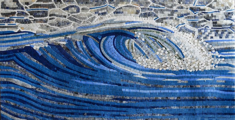 Mozaico Detailed Wave Mosaic, Water Wave Mosaic Art, Nautical Backsplash Wall Water Art Mosaic image 1