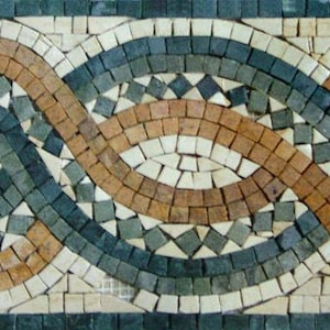 May include: A mosaic tile border with a repeating pattern of interlacing brown, green, and white tiles. The design resembles a continuous wave or ribbon.