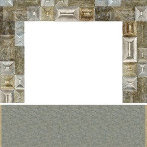May include: A decorative frame with a mosaic-like design. The frame features a repeating pattern of squares and rectangles in shades of brown, gold, and white. The bottom section has a gray stone-like texture.