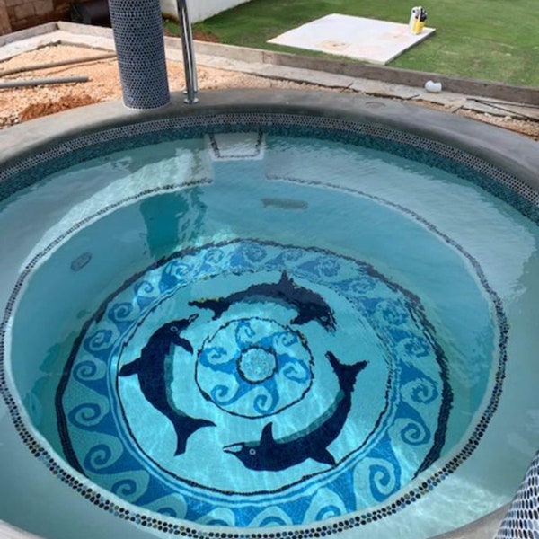 Dolphins Mosaic Medallion: Handmade Marble Wall Art, Pool Decoration