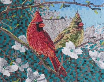 手作りの鳥のモザイクタイルアート：花柄の壁飾り（32x22） - Etsy 日本
