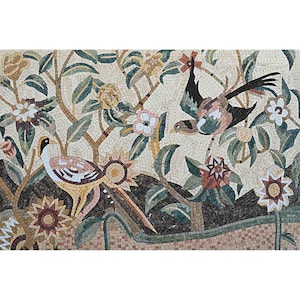 Handmade Marble Mosaic: Birds in Flower Field Wall Art