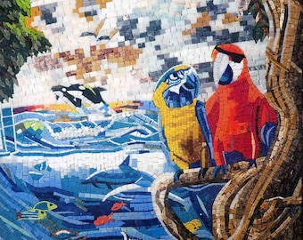 Handcrafted Marble Mosaic Wall Art: Tropical Parrots & Marine Life