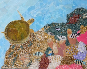 美品 ウミガメのタイルアート ウミガメのモザイクタイルアート：手作り大理石の壁飾り（32インチ×28