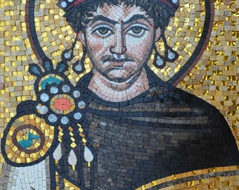 Handmade Justinian Mosaic Portrait: Byzantine Empire Marble Wall Art