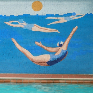 Swimming Women Mosaic Wall Art – Unique Handmade Tile Artwork for Home Decor & Beach-Inspired Designs